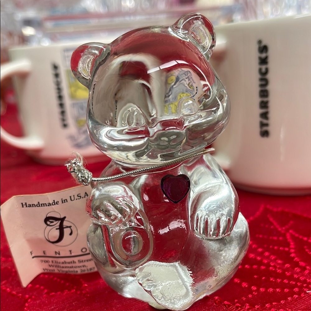 Fenton Clear Glass Bear with February birthday Heart Accent